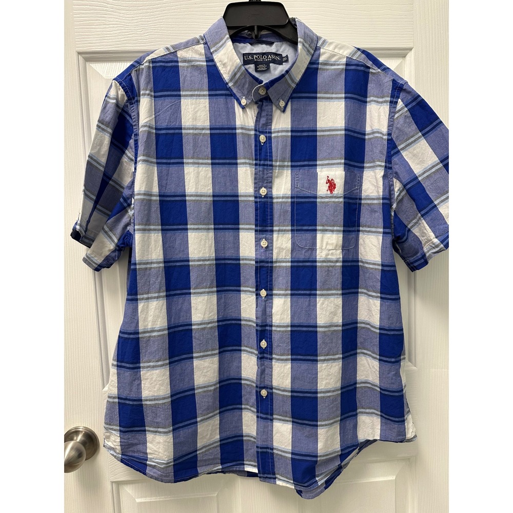 US Polo Assn Blue and White Plaid Short Sleeve Button Down Shirt 2XL